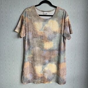 Vtg‎ Womens Y2K XL Tie Dye Watercolor Crinkle Stretch Short Sleeve Shirt Pastel